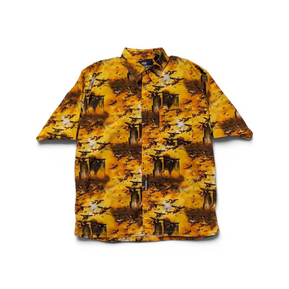 Wu Wear Mens Button Down Shirt XL Killer Bees All Over Print Yellow